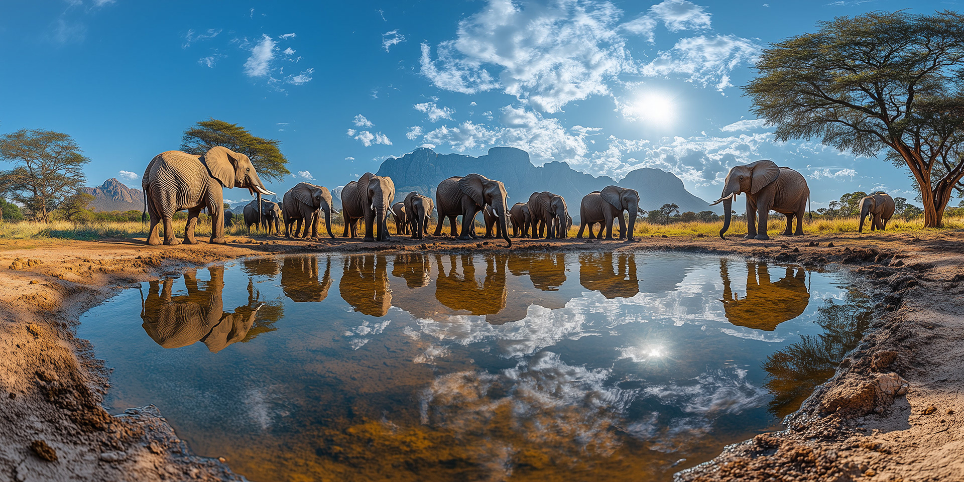 lions around a waterhole under a blue sky
