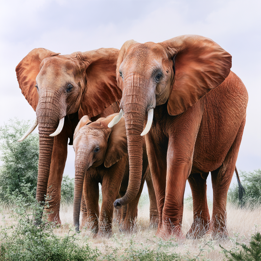 Three orphaned elephants standing together.