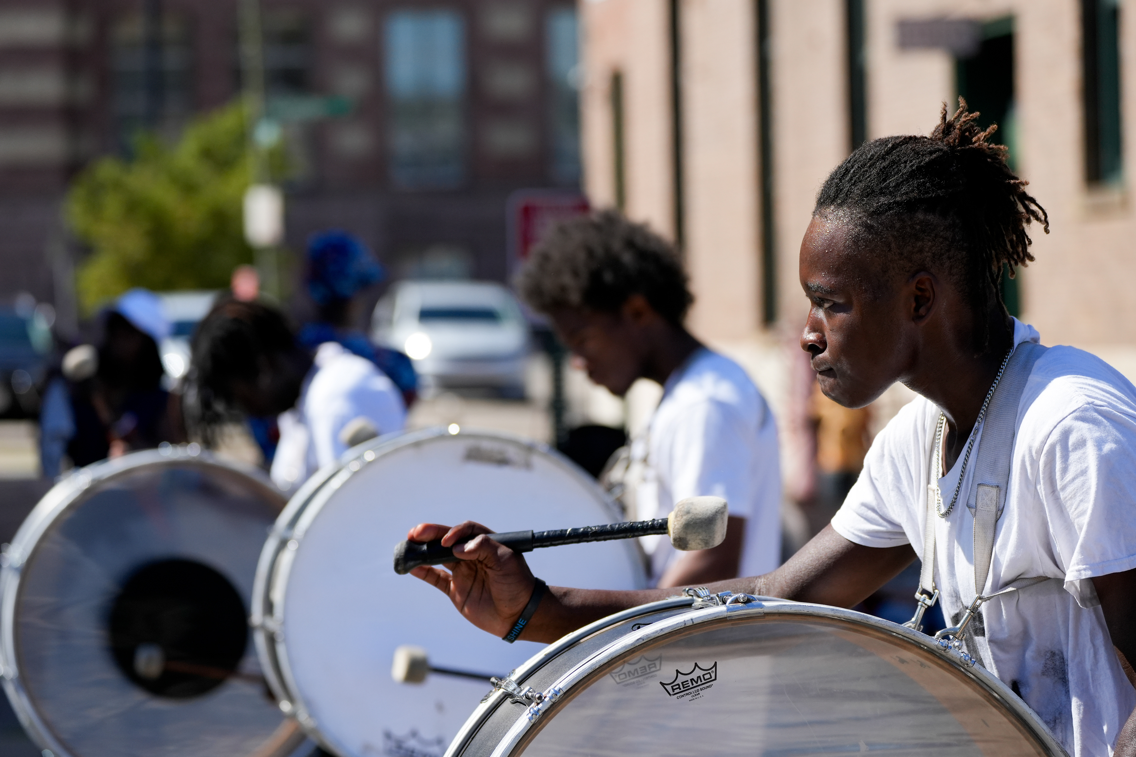 Drummers perform during the 3rd Annual Cincinnati Official Juneteenth Parade, Sunday, June 16, 2024, along Court Street in Cincinnati. (Frank Bowen IV/The Enquirer)