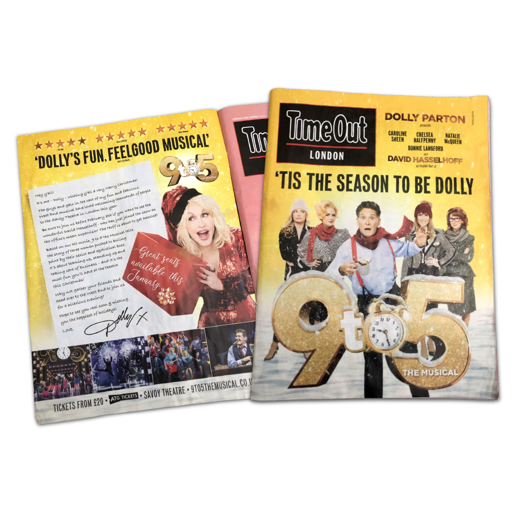 Time Out front page take over and inside front cover advertorial for 9 to 5 The Musical - produced during my previous employment at AKA Promotions
