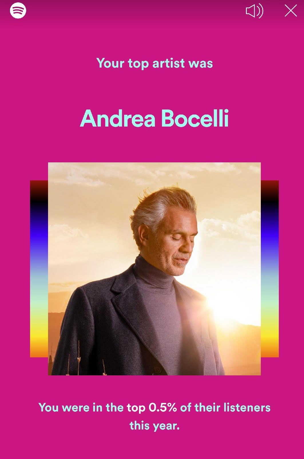 Spotify Wrapped 2020 - Top Artist is Andrea Bocelli.