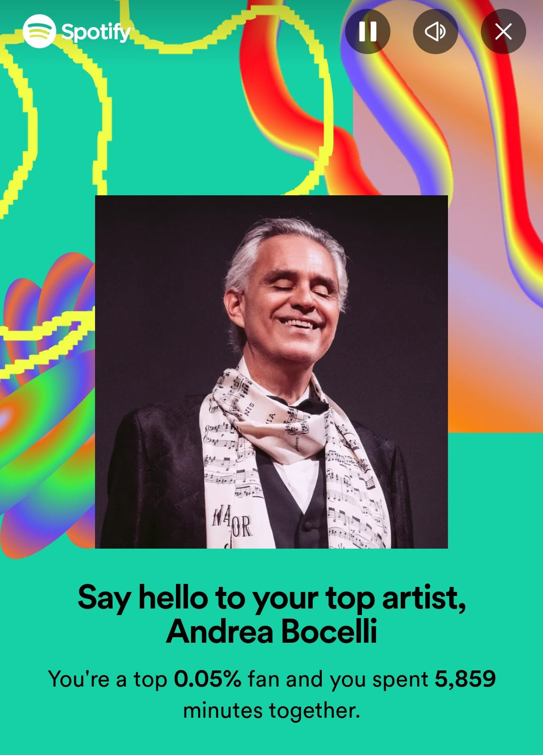 Spotify Wrapped 2023 - Top Artist is Andrea Bocelli.