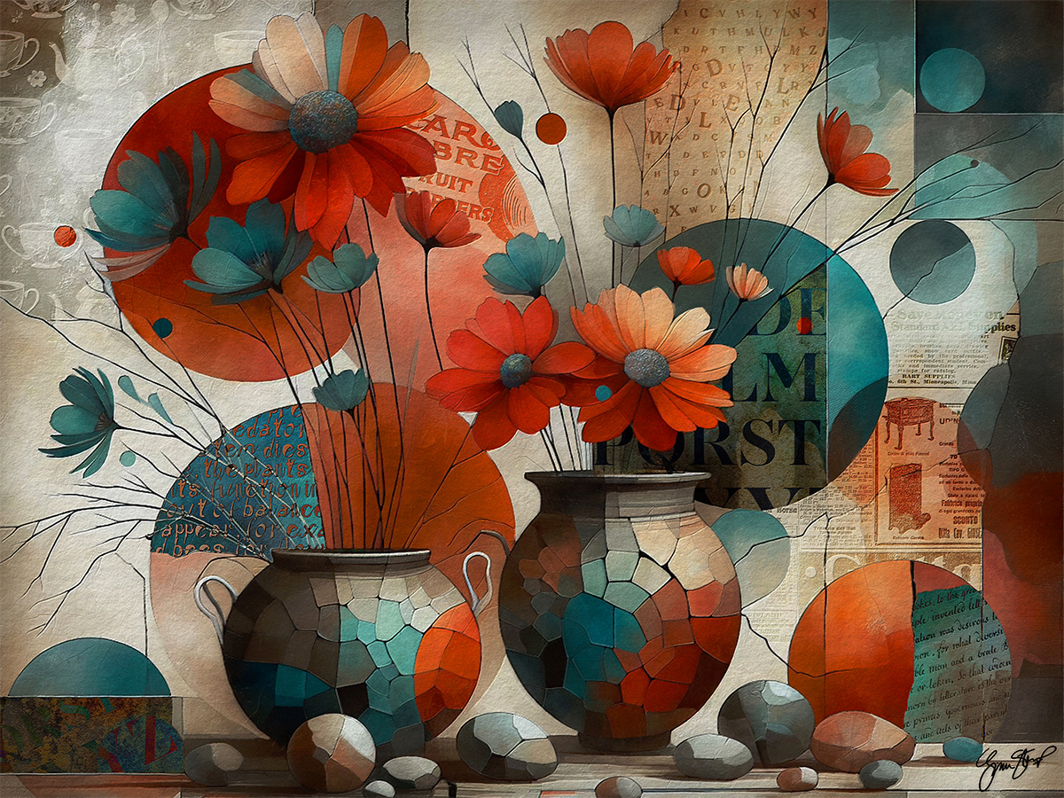 RedFlowers in Cracked Pottery by Gina Startup