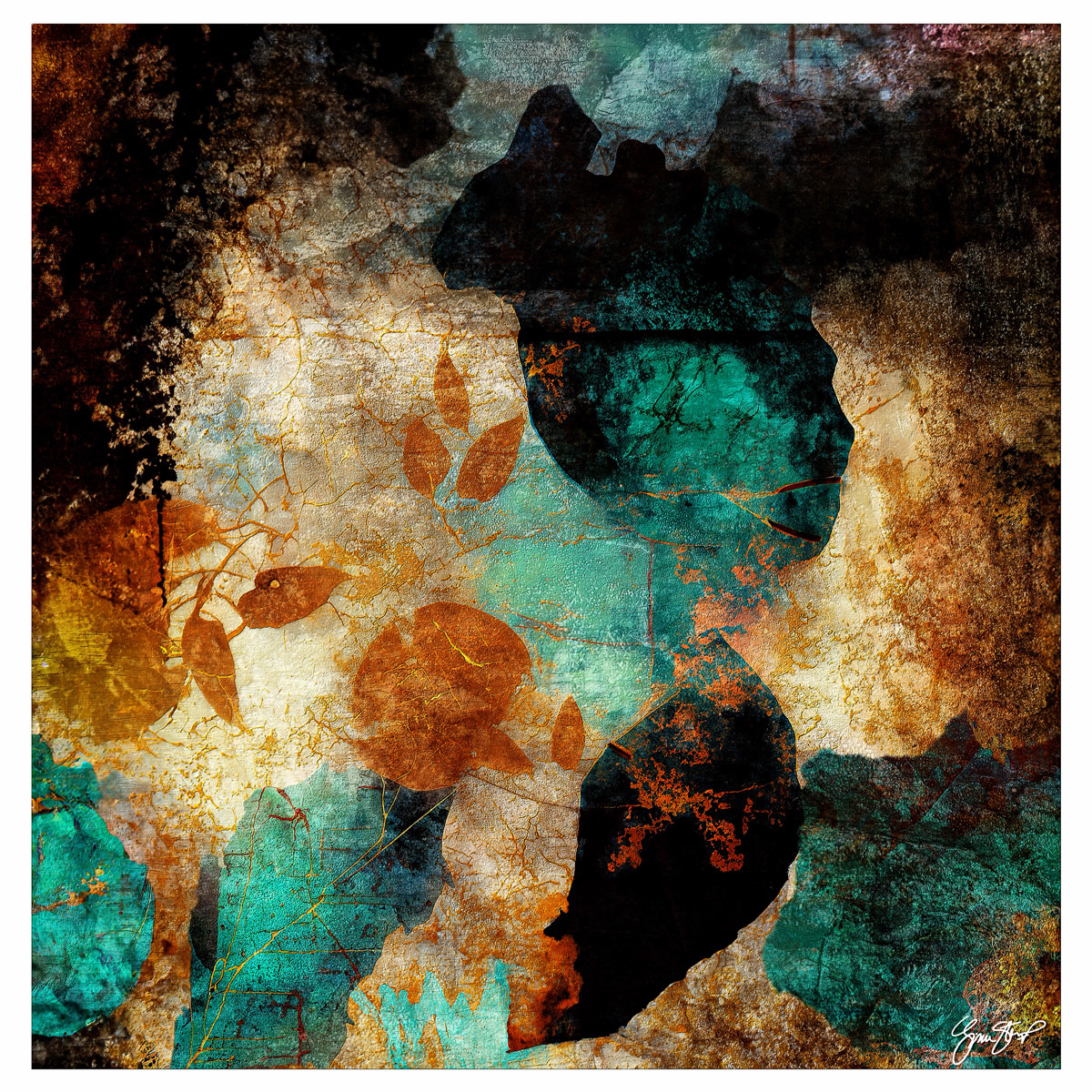 Gold Leaf on Teal Grunge