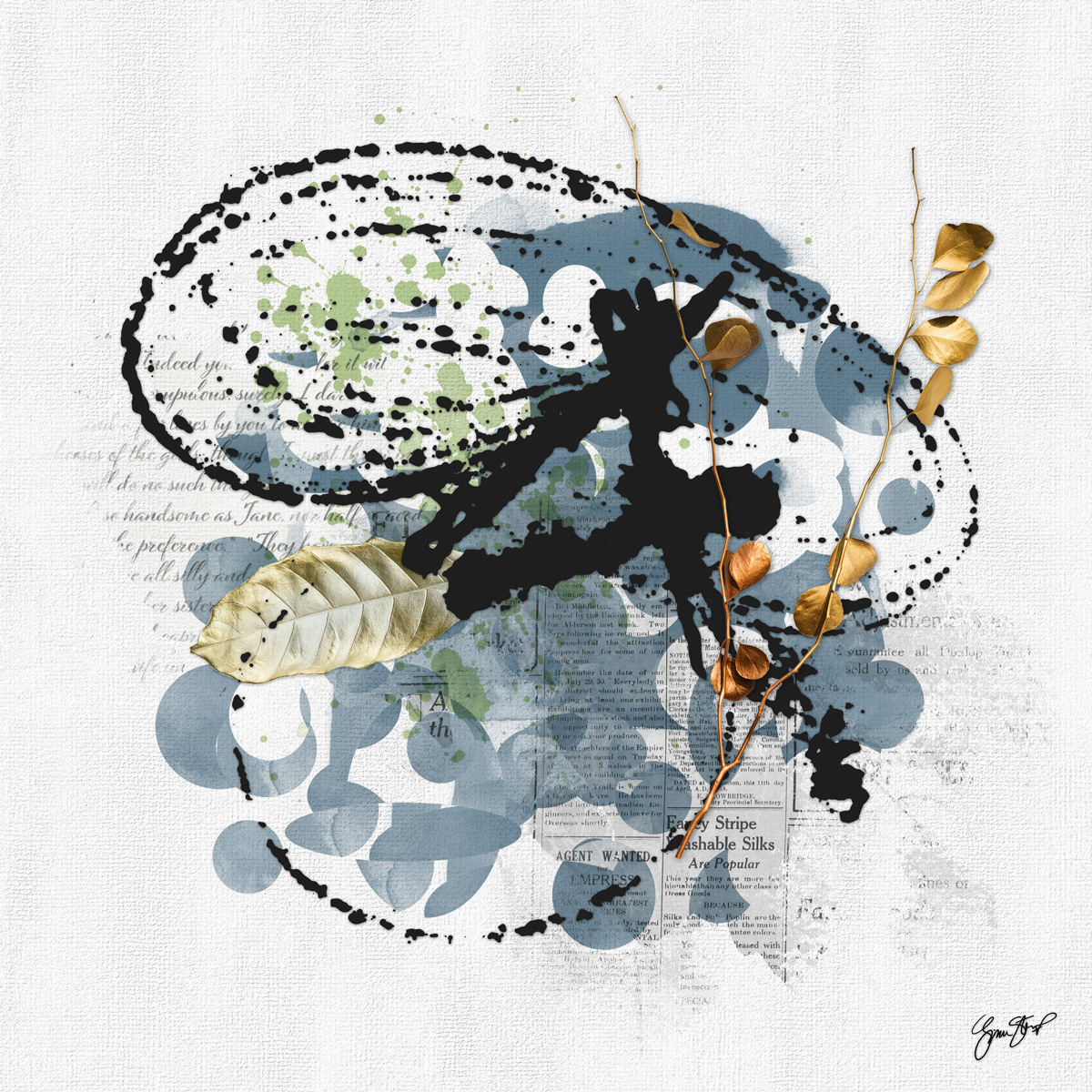 Gold Leaves on Blue Silk by Gina Startup