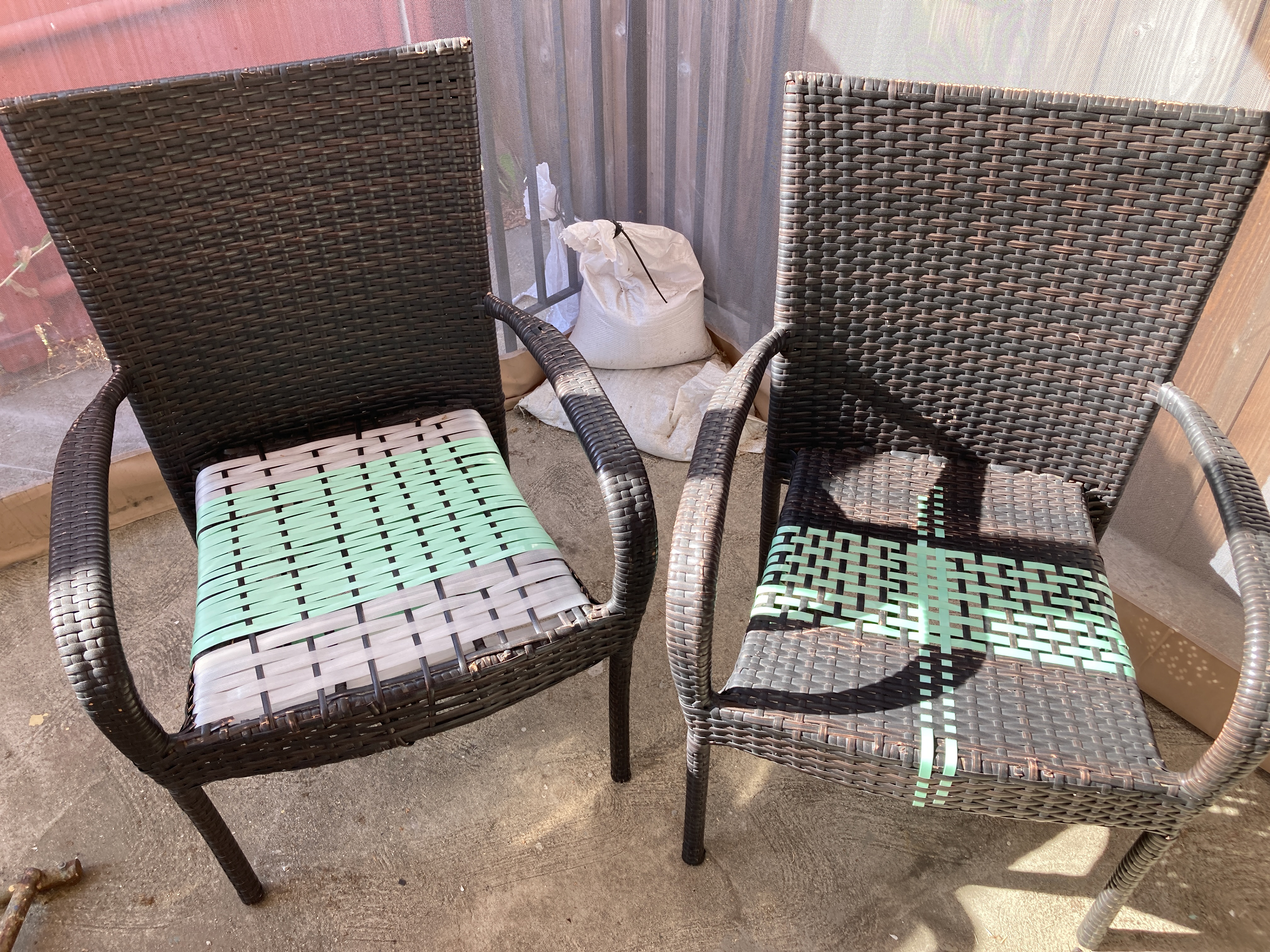 Chairs repaired with strapping from a delivery of attic insulation.