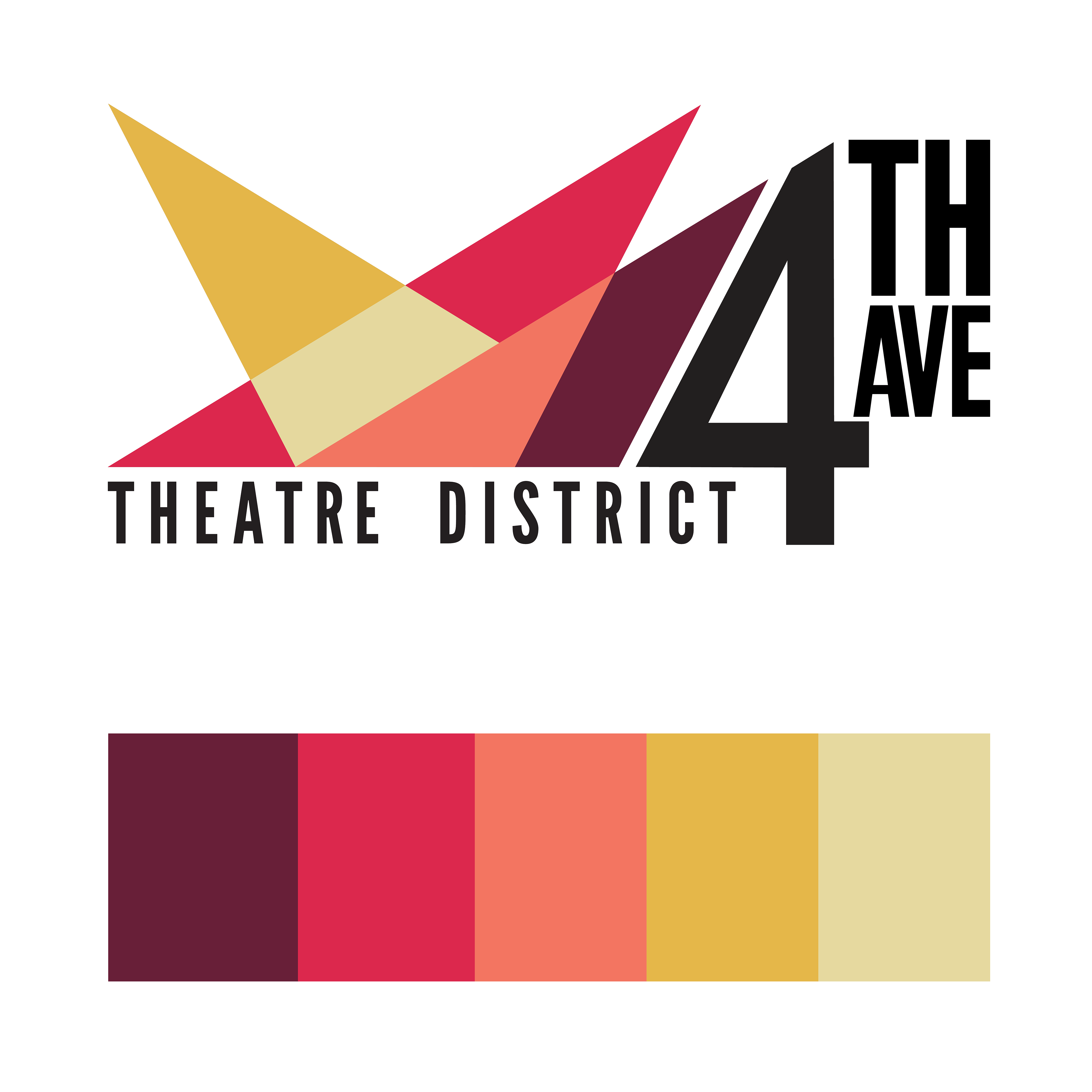 The logo symbolizes the entertainment district in a more abstract way that can be mirrored with the colored spotlights of the stage. The three spotlights reference the three theaters it is comprised of. By utilizing abstracted spotlights and stars, the logo announces its presence back onto the entertainment grid. The abstract symbols of spotlights and stars with bold and complimentary colors gives the log a way to showcase the 4th Avenue area in downtown Birmingham. The wordmark surrounds the logo, framing its planned placement.