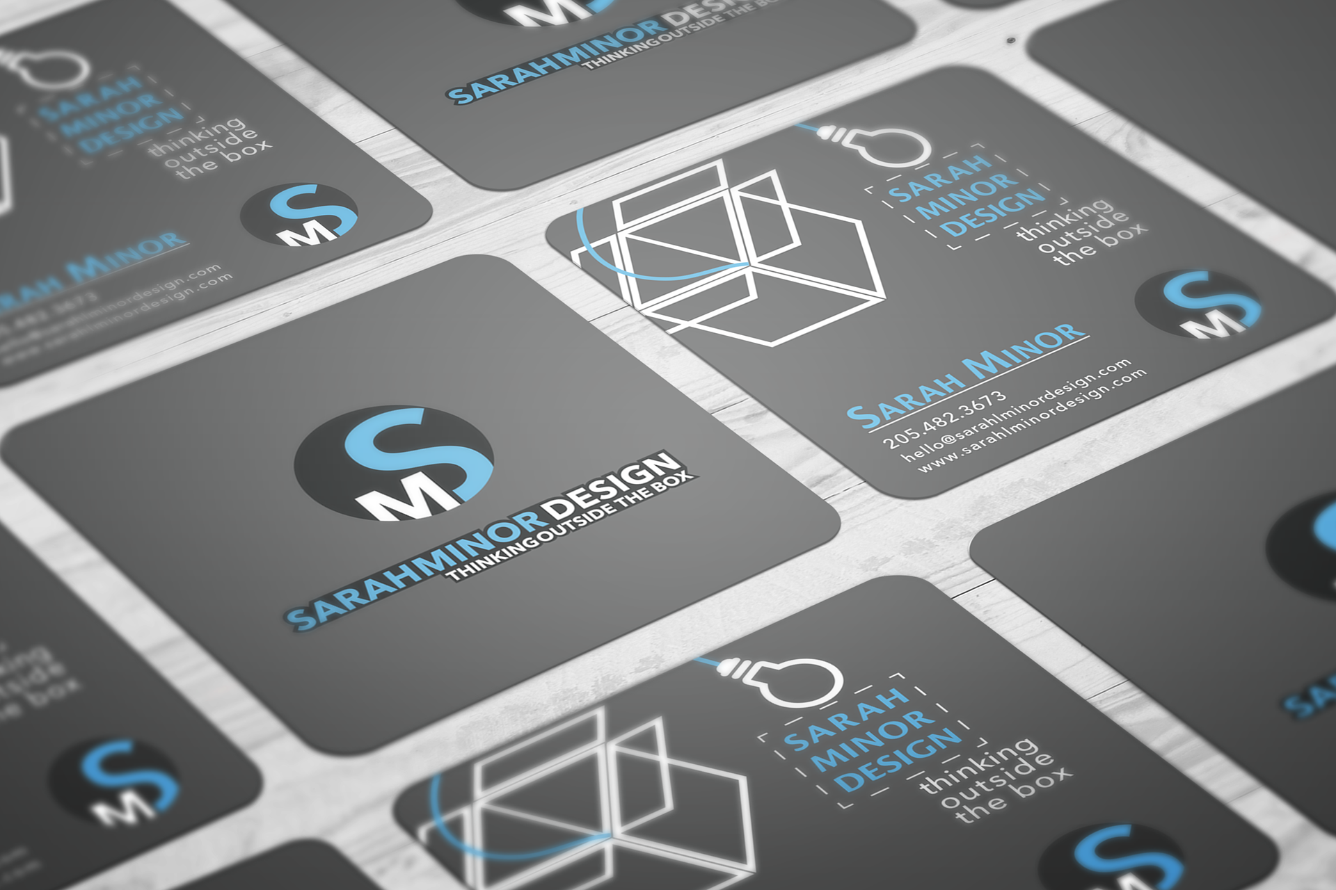 Sarah Minor Design business cards created with simplicity and bold typeface in mind. Fonts used: Avenir Next Regular, Medium, DemiBold, and Bold