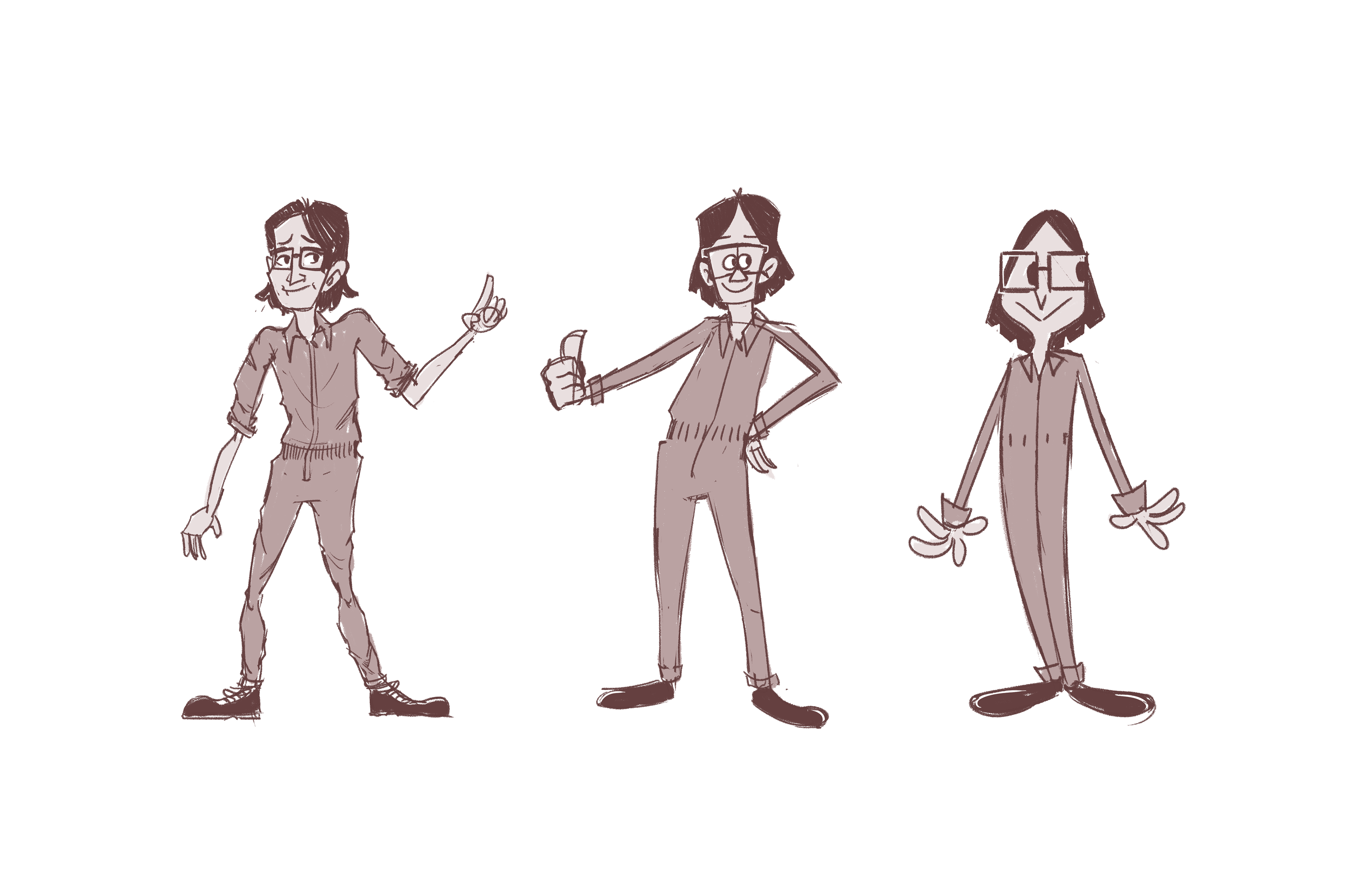 Character design ideation in Disney, Current/Rubberhose, and Cartoon Modern styles (2/3).