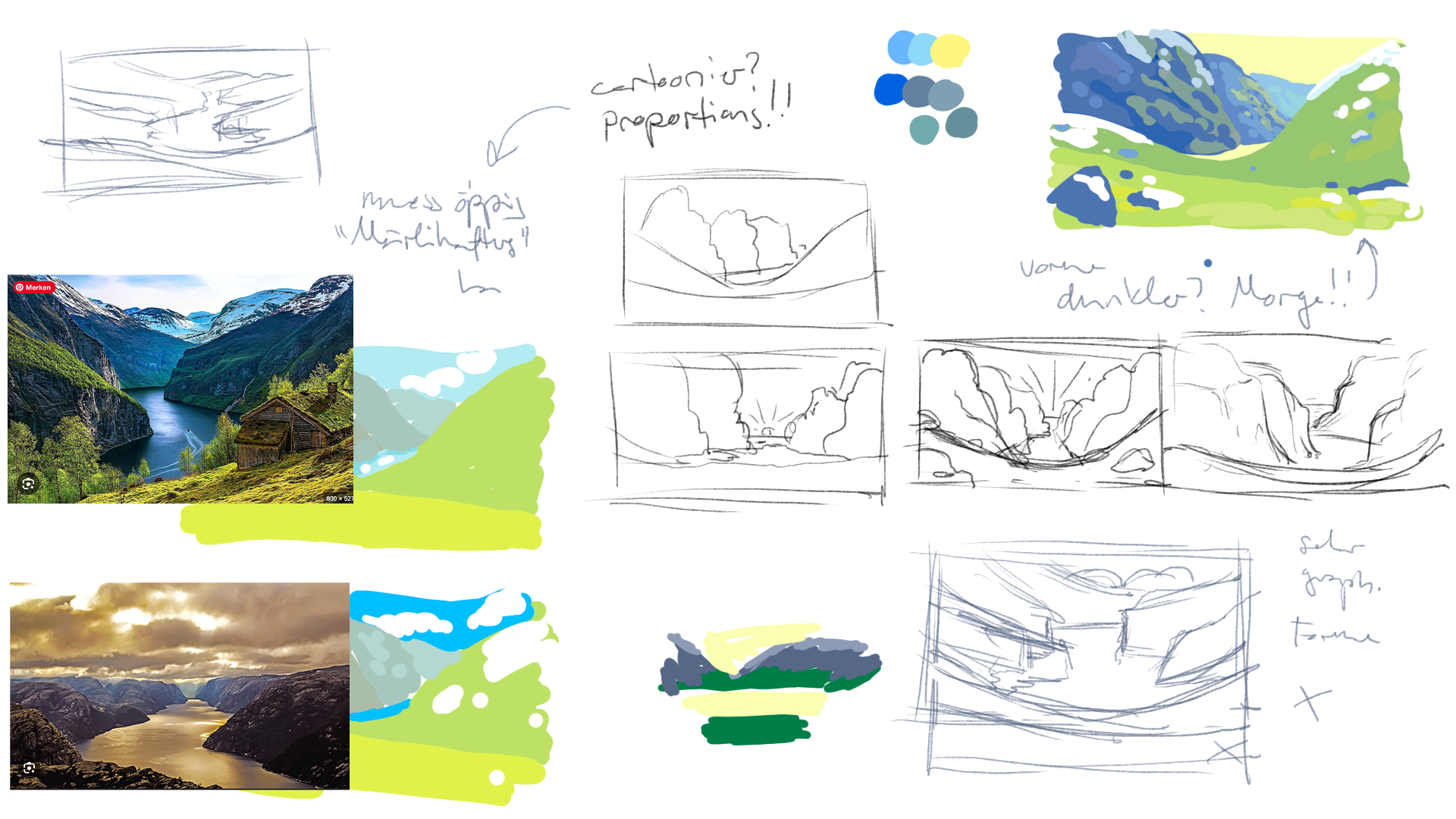 sketches and reference images of a mountain landscape