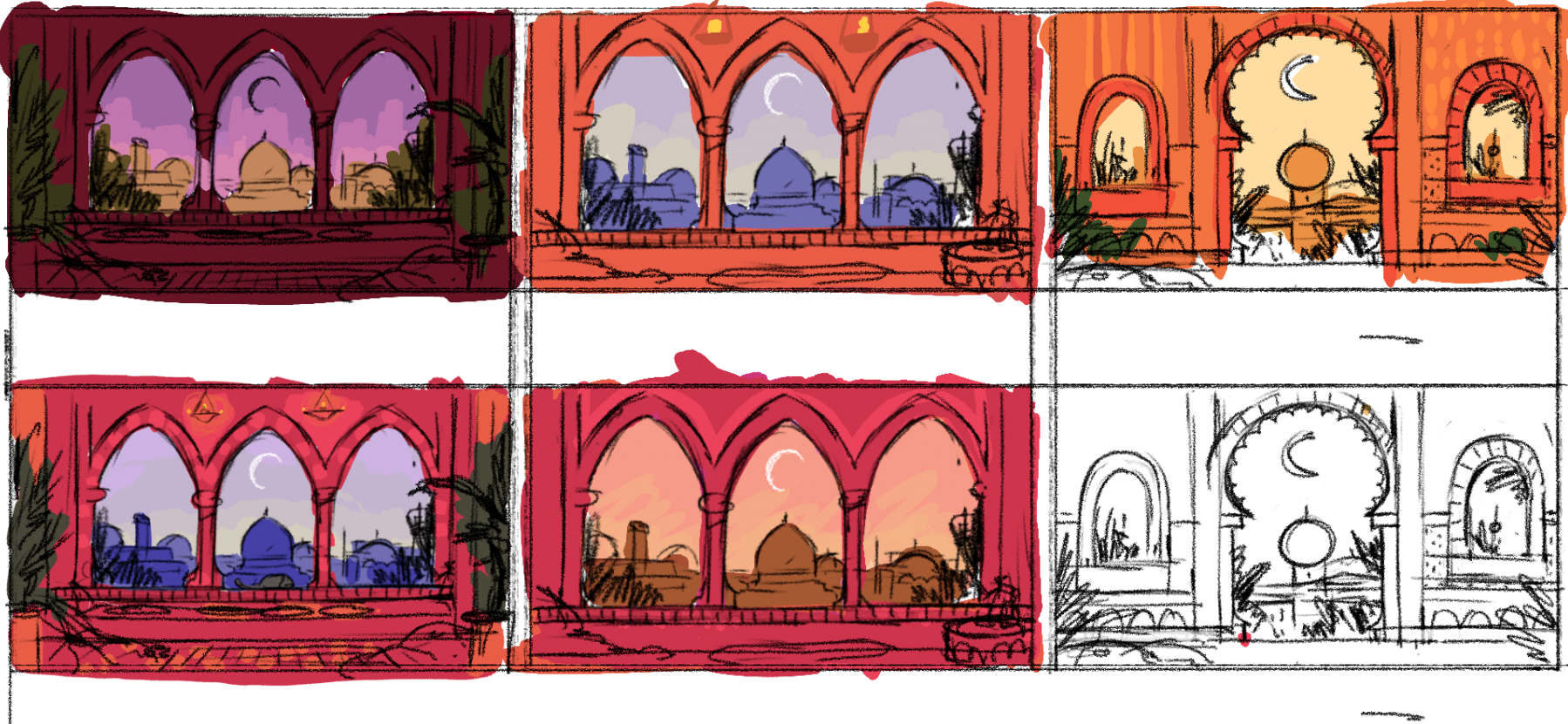 concept design and colour sketches of an arabian nights style landscape