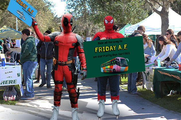 Characters from the schedule themes would go around campus advertising the event on roller skates