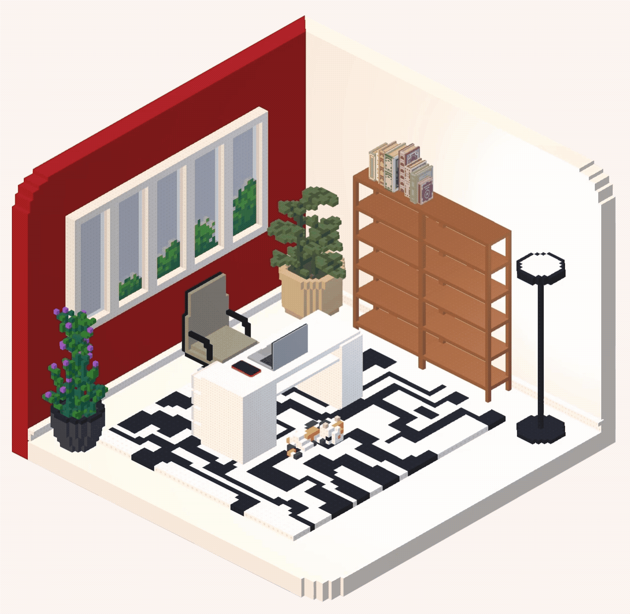 A pixel based environment showing a small office, a desk and chair, some plants and a bookcase. There is a black and white abstract rug with a calico cat sleeping in the middle or everything