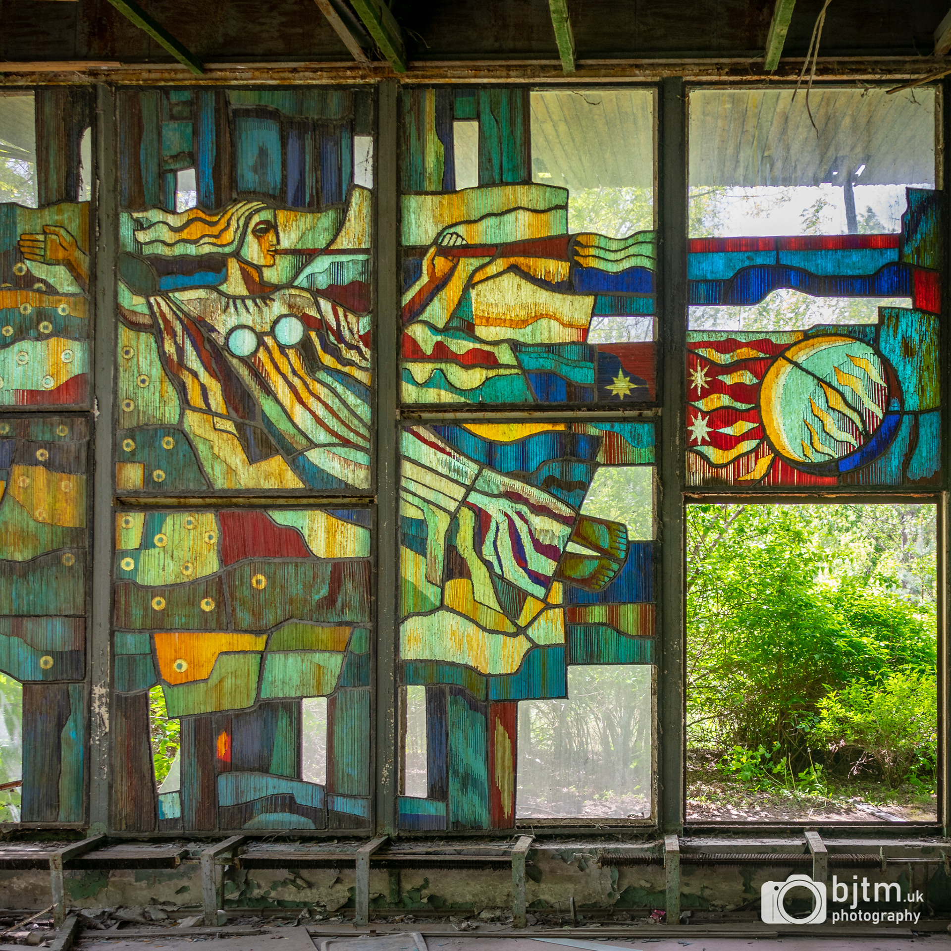 Stained glass in the riverside cafe
