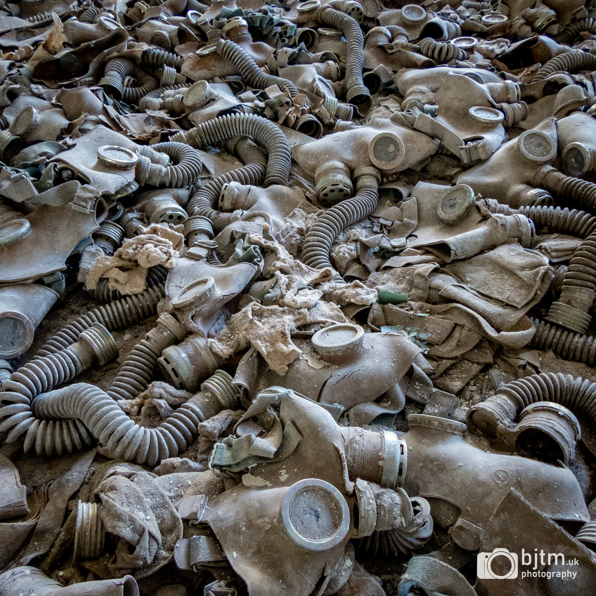 Children's gas masks on the floor of the school