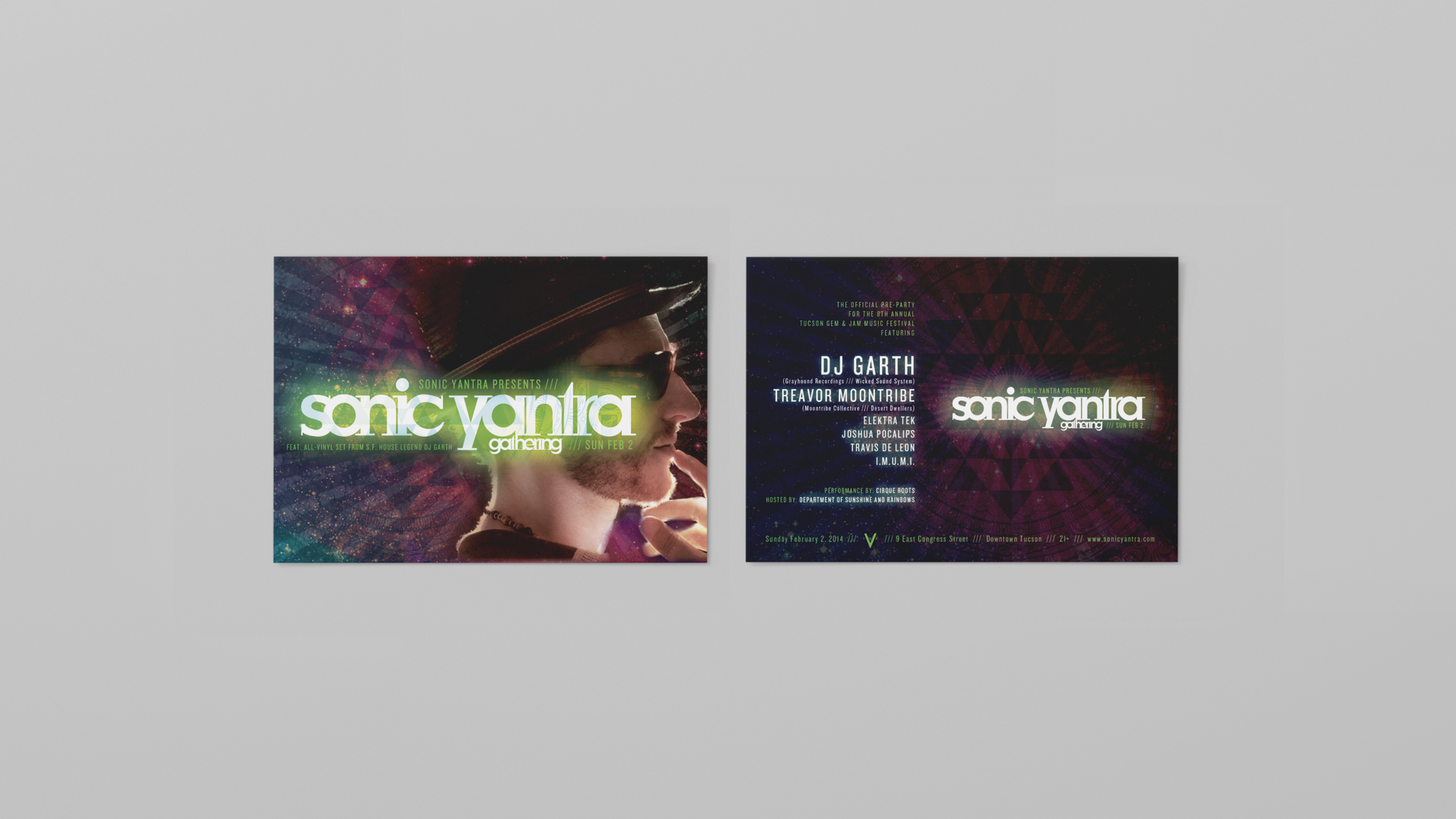 Tucson graphic design postcard for "Sonic Yantra Gathering"