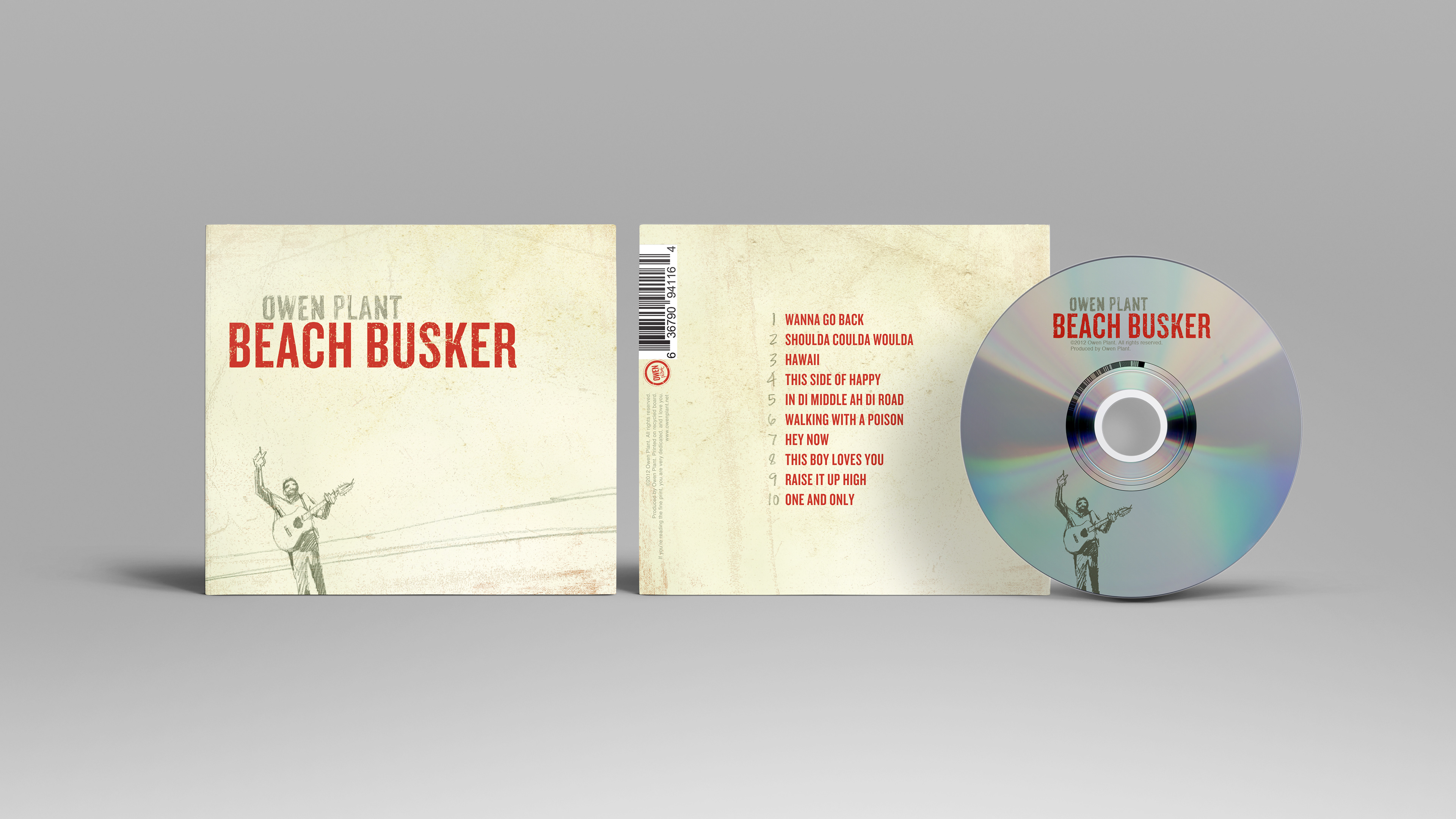 Album cover design of the eco-wallet digipack of "Beach Busker" from folk-reggae musician Owen Plant