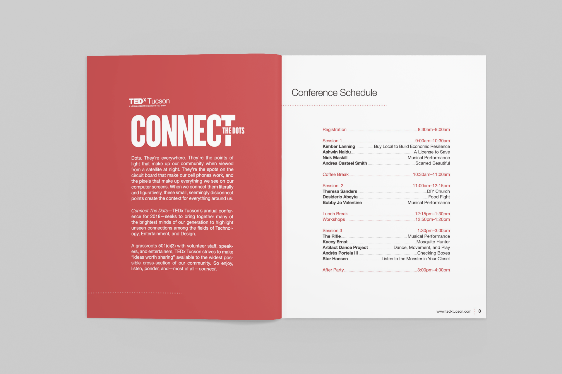 Tucson bulletin brochure booklet graphic design for TEDx Tucson's 2018 Annual Conference "Connect the Dots"