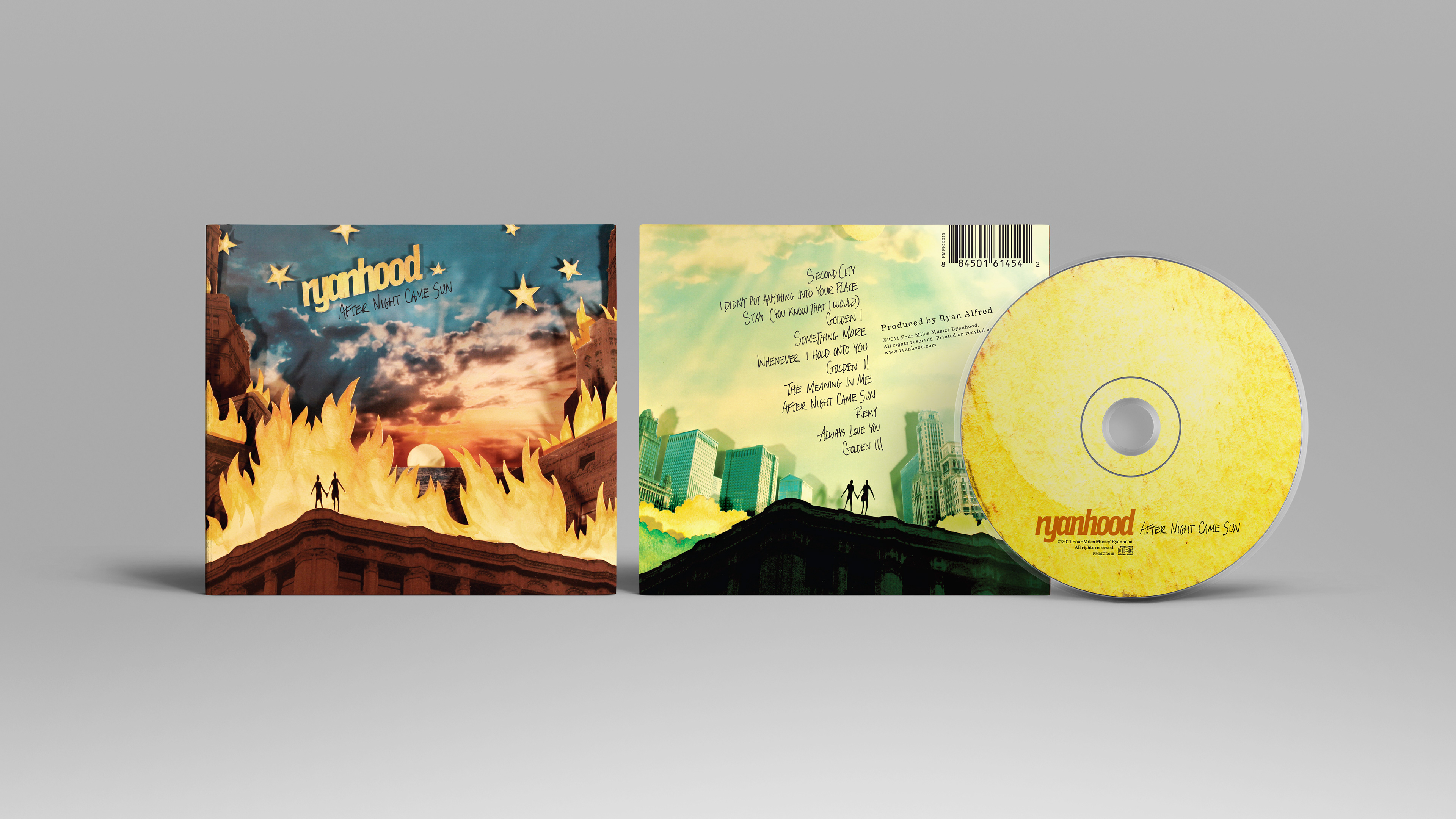 Album cover design of the eco-wallet digipack of "After Night Came Sun" from the Tucson band Ryanhood, featuring a cut-paper shadowbox diorama design