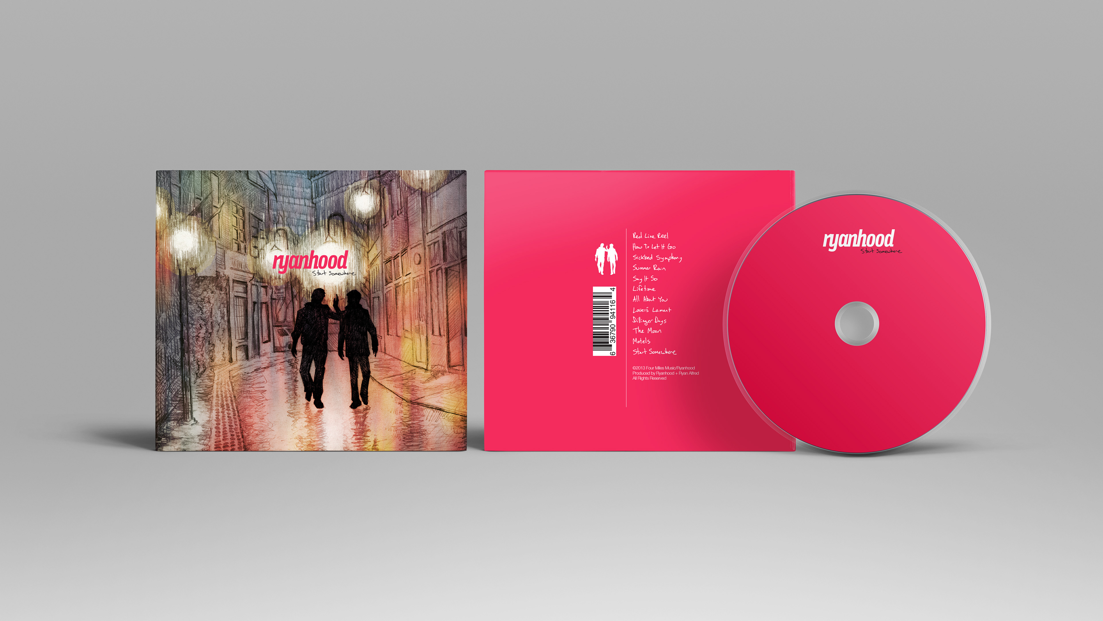 Album cover design of the eco-wallet digipack of "Start Somewhere" from the Tucson band Ryanhood