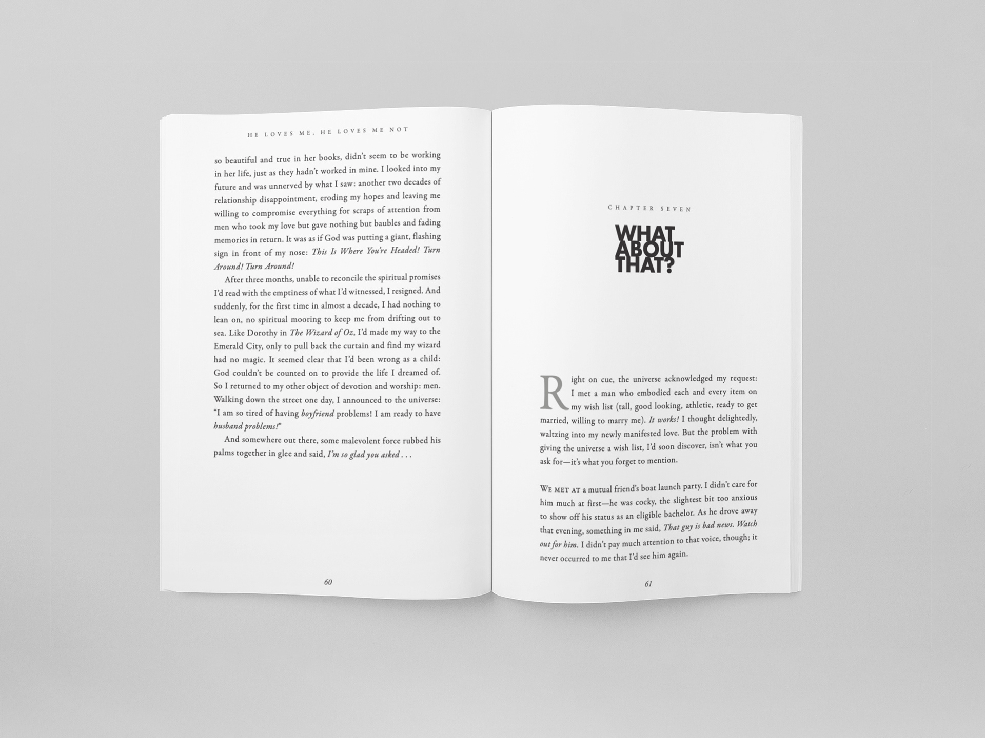 Tucson book design typesetting chapter page typesetting of author Trish Ryan's memoir "He Loves Me He Loves Me Not"