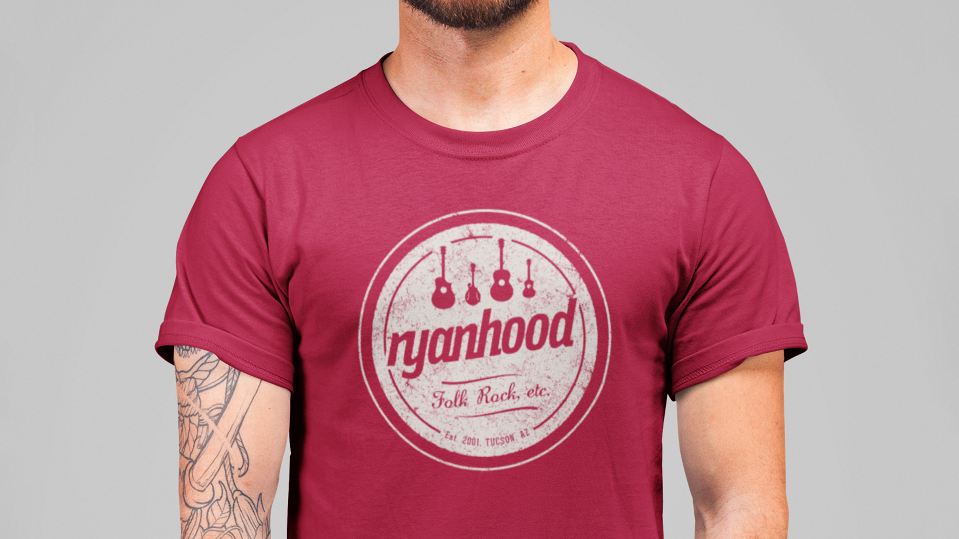 Tucson custom T-shirt design of vintage looking americana logo in aged white on red shirt for folk band Ryanhood