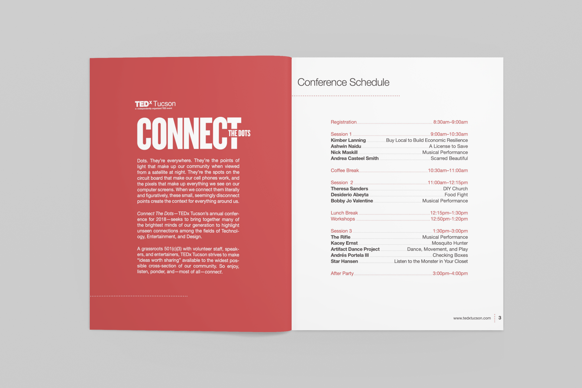 Tucson bulletin brochure booklet graphic design for TEDx Tucson's 2018 Annual Conference "Connect the Dots"