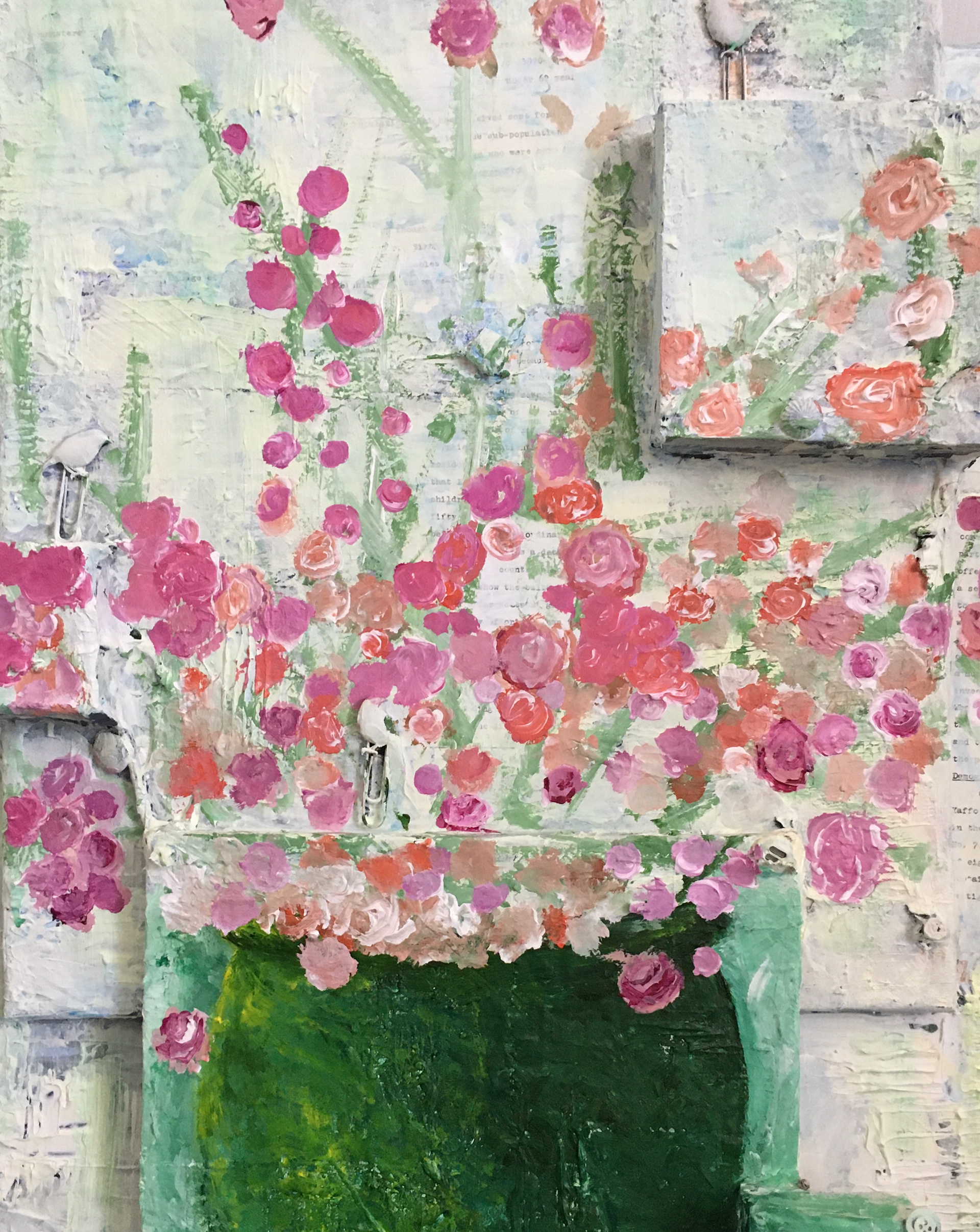 acrylic paint, torn book pages and objects