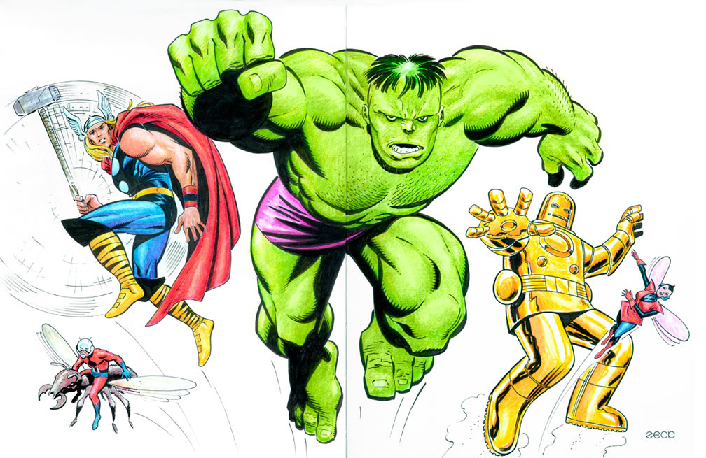 Original Avengers commission done as a double page spread in a sketchbook. Colored pencil finishes.