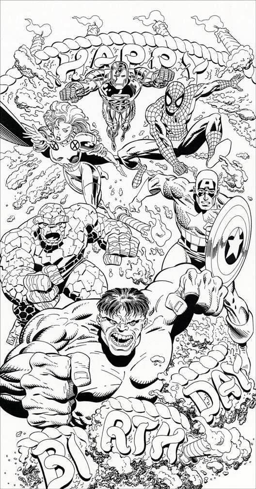 POPSHOTS GREETING CARD: Art for pop-up birthday card featuring Marvel heroes. Mike Zeck (pencils) Mike DeCarlo (inks)