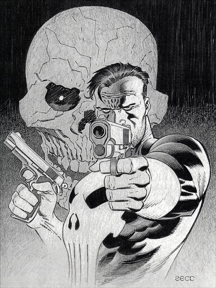 Punisher sketch rendered inside a RETURN TO BIG NOTHING hardbound graphic novel. Five in a limited set of six.