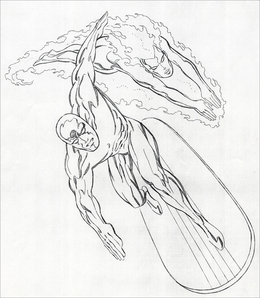 UNIVERSAL STUDIOS SILVER SURVER / NOVA: Pencil art for one of the displays in a 'Space' themed store in the Marvel 'Islands of Adventure' section of the Universal Theme Park, Orlando.