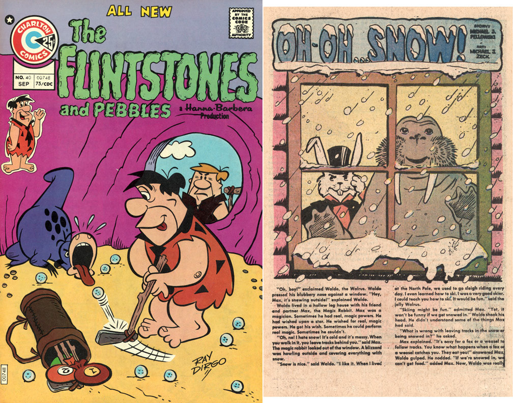 THE FLINTSTONES, Vol 6 No 40, September, 1975. INTERIOR: Spot illustrations for a two page text story. Sample shown next to cover. Spot illo, Mike Zeck (pencils / inks)