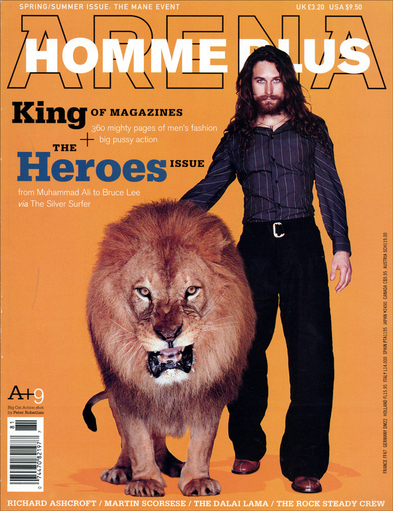 ARENA MAGAZINE, Spring/Summer 1998 issue. This heroes issue featured a pinup spread of Marvel heroes wearing designer clothes while in action.  I drew Nick Fury in Gucci.