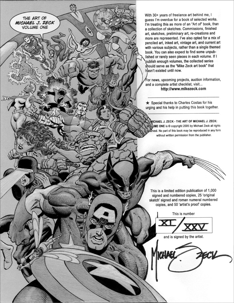The Art of Michael J. Zeck Volume One, VARIANT ISSUE 11 of 25. Original Secret Wars Cast sketch, inside front cover. Pigment pens and brushes with pencil shading.