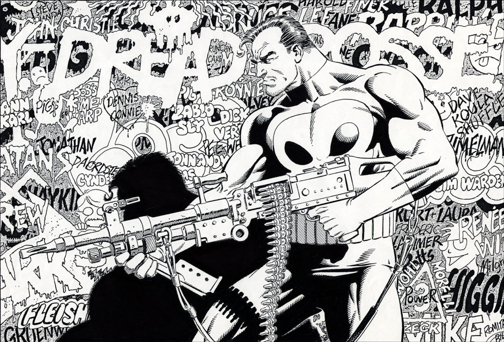 Punisher pinup black and white art. Mike Zeck (pencils) Jerry Ordway (inks)