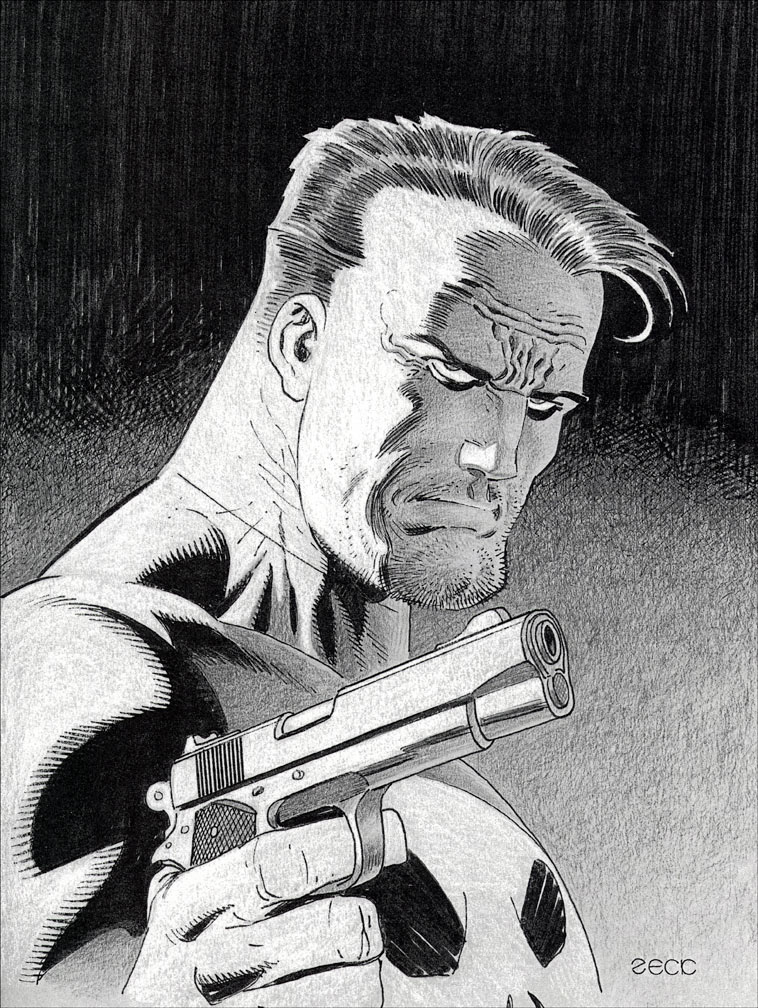 Punisher sketch rendered inside a RETURN TO BIG NOTHING hardbound graphic novel. Two in a limited set of six.