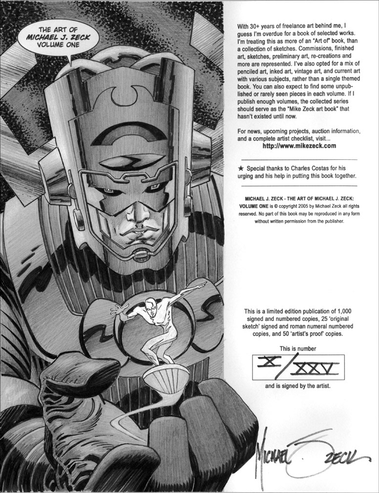 The Art of Michael J. Zeck Volume One, VARIANT ISSUE 10 of 25. Original Galactus and Silver Surfer sketch, inside front cover. Pigment pens and brushes with pencil shading.