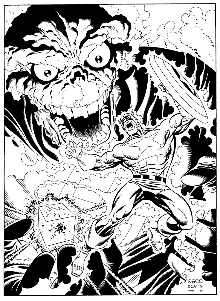 Captain America vs. Red Skull, with inks by John Beatty. One of an art series that were auctioned.