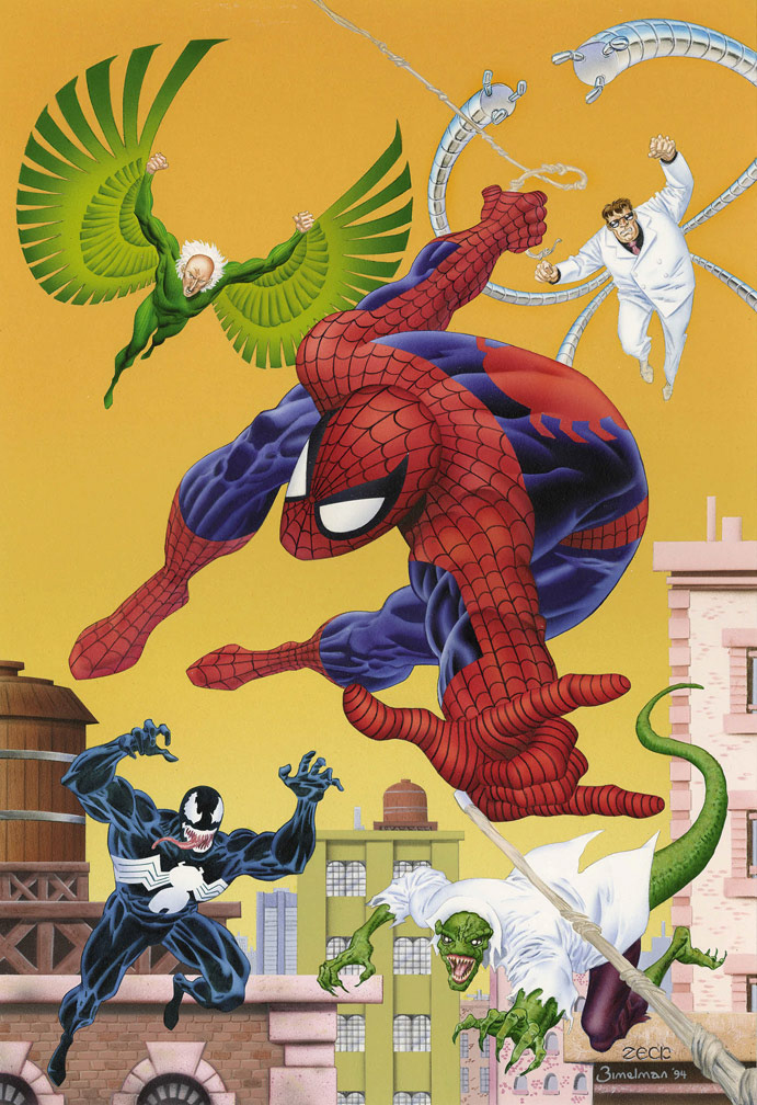THE ULTIMATE SPIDER-MAN, 1994. Cover painting by Mike Zeck (pencils) and Phil Zimelman (airbrush painting)
