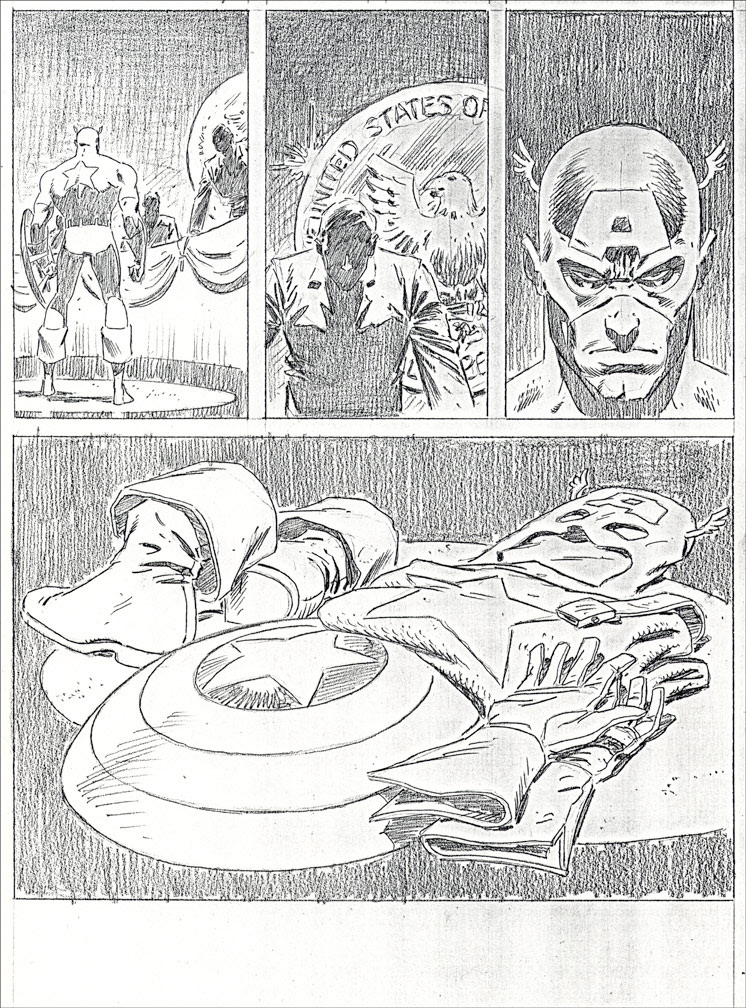 CAPTAIN AMERICA: During the 1987 'CAPTAIN AMERICA NO MORE' story line, I penciled this house ad page with Cap giving up his uniform.