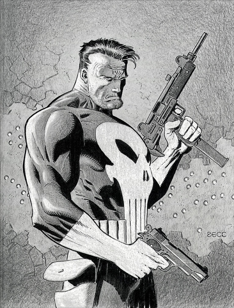 Punisher sketch rendered inside a RETURN TO BIG NOTHING hardbound graphic novel. One in a limited set of six.