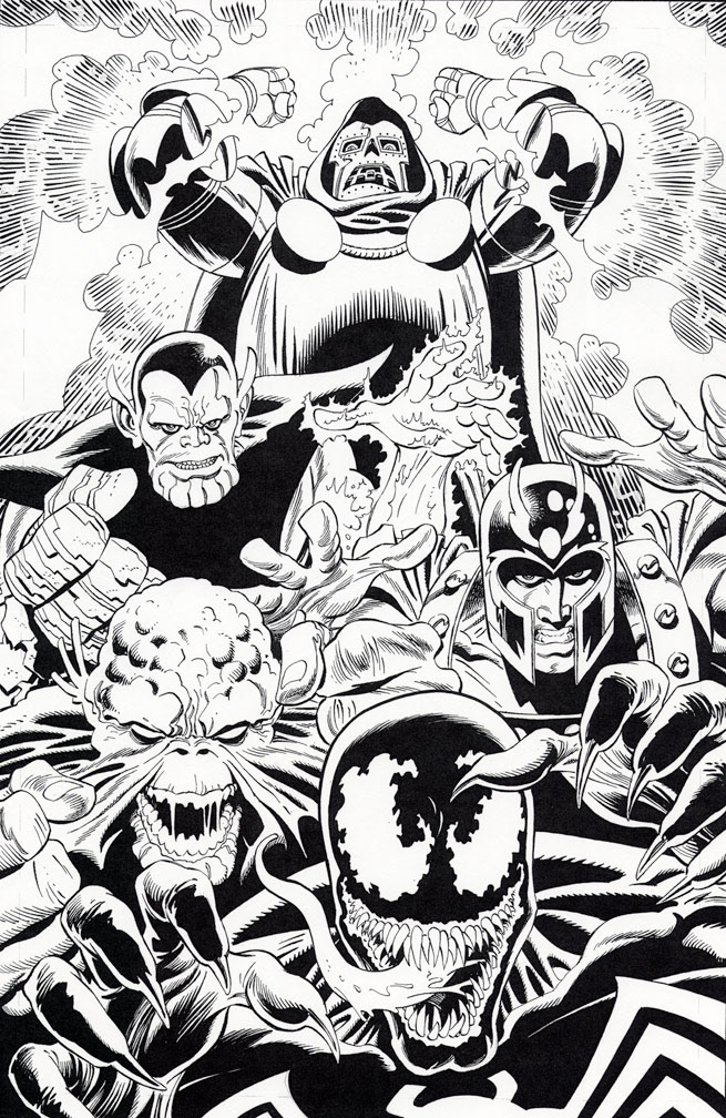 THE ULTIMATE SUPER-VILLAINS, 1996. Black and white version of the cover used as an interior illustration. Mike Zeck (pencils and inks)