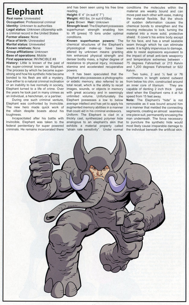 OFFICIAL HANDBOOK OF THE INVINCIBLE UNIVERSE 1 of 2, November 2006. Elephant entry. Mike Zeck (pencils / inks)