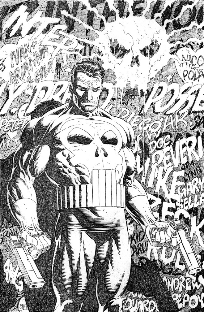 Cover Recreation: Return to Big Nothing hardbound graphic novel. Figure recreation with graffiti background added. Pencils only.