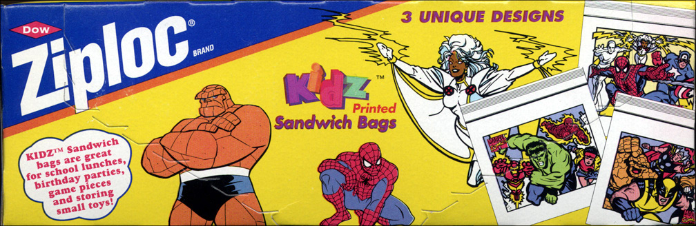 MARVEL ZIPLOC BAGS (1992) I created three Marvel character scenes (kind of visible at the right of the scan) for a Ziploc Sandwich Bags Marvel promotion. 