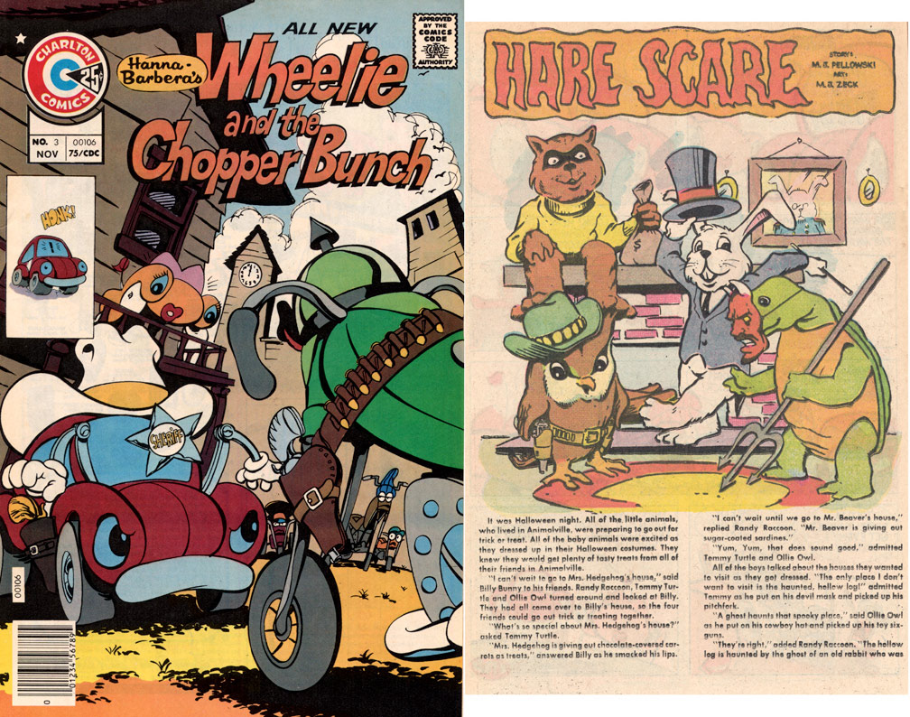 WHEELIE AND THE CHOPPER BUNCH, Vol 1 No 3, November, 1975. INTERIOR: Spot illustrations for a two page text story. Sample shown next to cover. Spot illo, Mike Zeck (pencils / inks)