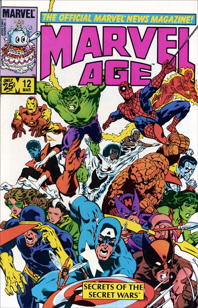 MARVEL AGE, Vol 1 Number 12, March, 1984 issue. Reprints the Secret Wars 1 art on the cover, and previews the Secret Wars series in an interior article. COVER by Mike Zeck (pencils) and John Beatty (inks)