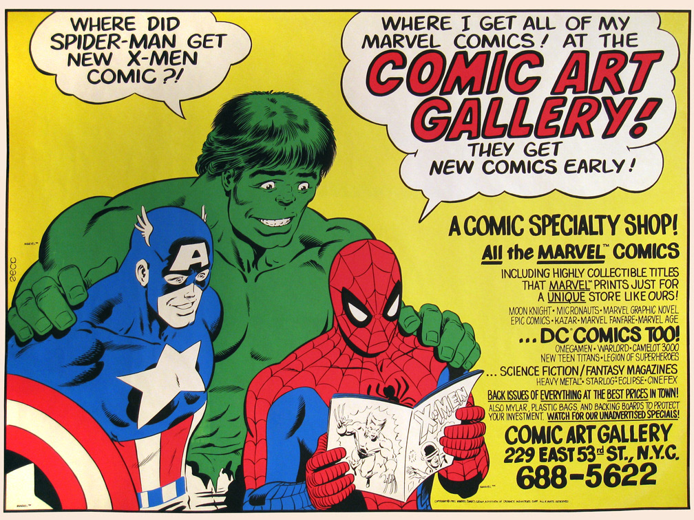 COMIC SHOP SUBWAY POSTER (1982)  I bought comics at Joe Lehach's Comic Art Gallery in midtown, near Marvel at that time. Also drew a subway poster for him targeted at the midtown stops. Mike Zeck (pencils / inks)