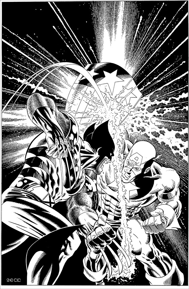 Cover Recreation: Captain America Annual issue 8v3. Wolverine in yellow and blue costume, and Cap with triangular shield.